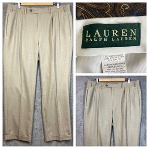 Lauren Ralph Lauren Slacks Men's 36x32 (29L) Beige Poly Rayon Pleat Front Cuffed